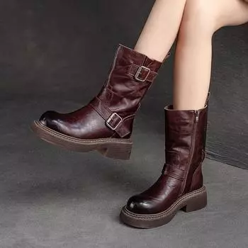 Johnature Плюшевые Теплые Ретро Сапоги до середины икры Удобные из Натуральной Кожи на Толстом Каблуке Женские Сапоги чёрный