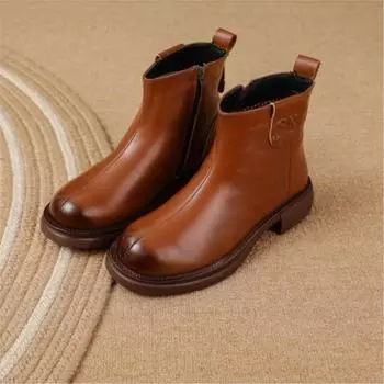 Johnature Plush Warm Short Boots Retro Genuine Leather Round Toe Side Zipper Versatile Women s Shoes