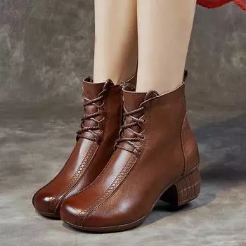 Johnature плюшевые полусапоги на толстом каблуке, повседневная однотонная женская обувь из натуральной кожи с круглым носком, одноцветная универсальная женская обувь 35 чёрный