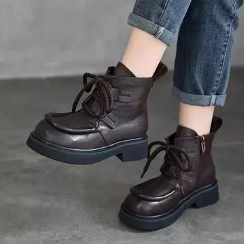 Johnature/Плюшевые теплые сапоги из натуральной кожи на толстой подошве, винтажные короткие сапоги ручной работы с круглым носком 37 чёрный