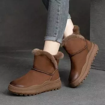 Johnature плюшевые теплые удобные зимние ботинки из натуральной кожи женские короткие сапоги на плоской подошве с круглым носком в стиле ретро 35 коричневый