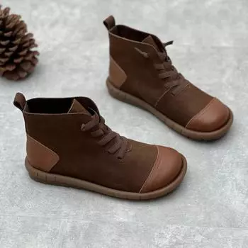 Johnature, полусапоги ручной работы из воловьей кожи в стиле ретро, повседневная женская обувь из натуральной кожи с круглым носком и эластичным ремешком 35 хаки