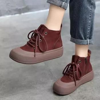 Johnature полусапоги с круглым носком на толстой подошве, универсальные женские туфли на плоской подошве из натуральной кожи на шнуровке в стиле ретро 36 кофейный