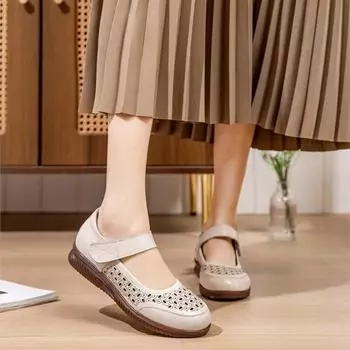 Johnature полые дышащие повседневные сандалии с круглым носком из натуральной кожи, женская обувь на плоской подошве с мягкой подошвой 35 бежевый