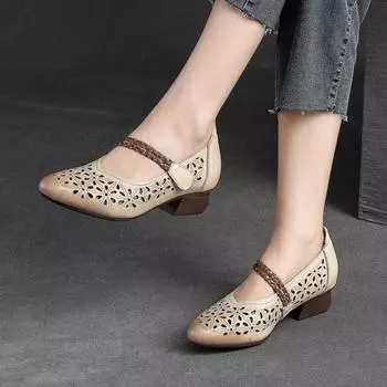 Johnature полые дышащие сандалии из натуральной кожи, универсальная женская обувь на среднем каблуке в стиле ретро в стиле ретро 35 абрикосовый