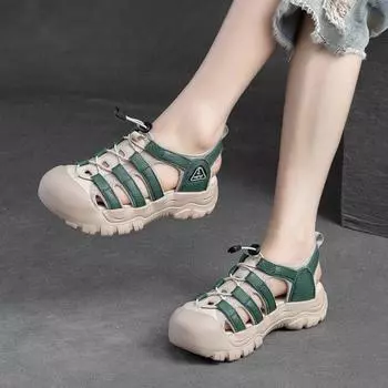 Johnature полые дышащие сандалии с круглой головкой, разноцветные повседневные удобные универсальные женские туфли на толстой подошве 35 бежевый