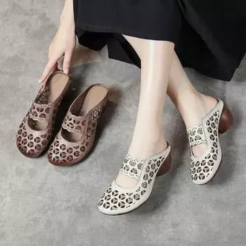 Johnature/полые дышащие тапочки из натуральной кожи, женская обувь на толстом каблуке и мягкой подошве, шлепанцы в стиле ретро 35 бежевый