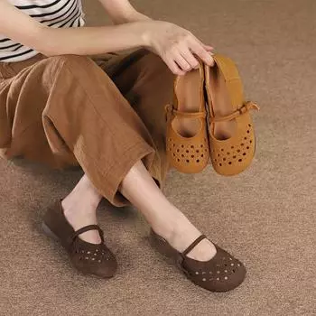 Johnature Retro Hollow Дышащие туфли на плоской подошве из натуральной кожи Сандалии с мягкой подошвой Универсальная женская обувь 35 кофейный