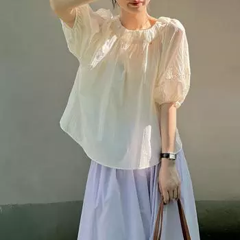 Johnature Повседневная свободная пуловерная рубашка с круглым вырезом, женские летние французские плиссированные простые тонкие универсальные топы