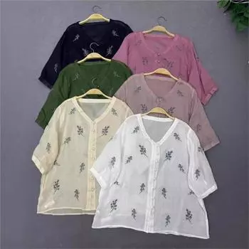 Johnature Повседневная винтажная свободная тонкая рубашка с v-образным вырезом и вышивкой, женские летние повседневные свободные однобортные топы
