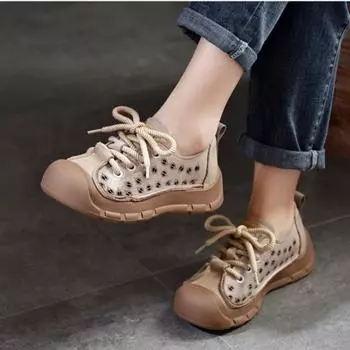 Johnature/повседневная женская обувь из натуральной кожи с круглым носком и полыми дышащими сандалиями на плоском каблуке и шнуровке 35 бежевый