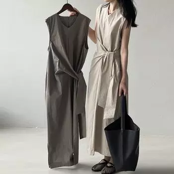 Johnature повседневное корейское платье без рукавов с завязками на талии, летнее дизайнерское женское платье трапециевидной формы во французском стиле во французском стиле M легкие хаки