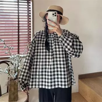 Johnature Повседневные хлопковые свитера рубашки женские весна осень простые японские O-образные свободные женские блузки One Size чёрный