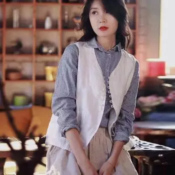 Johnature повседневные клетчатые женские рубашки с отложным воротником, весенние свободные универсальные винтажные женские блузки One Size бежевый