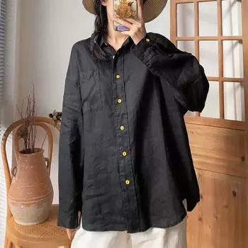 Johnature повседневные льняные женские весенние простые однотонные черные рубашки с отложным воротником и свободными пуговицами женские рубашки One Size чёрный