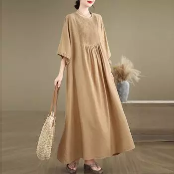 Johnature Повседневные плиссированные простые женские платья Женские свободные однотонные летние платья с коротким рукавом One Size