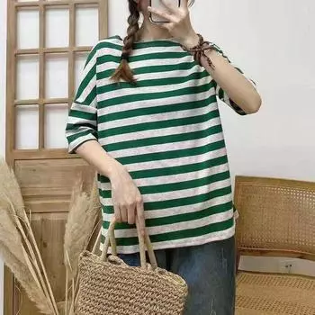 Johnature повседневные полосатые женские топы летние свободные с круглым вырезом с коротким рукавом простой пуловер женские футболки One Size зелёный