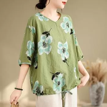 Johnature Повседневные простые футболки с v-образным вырезом, летние зеленые свободные универсальные женские топы с цветочным принтом