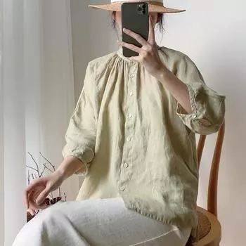 Johnature повседневные простые топы, летние винтажные однотонные свободные универсальные женские рубашки с круглым вырезом и короткими рукавами One Size хаки