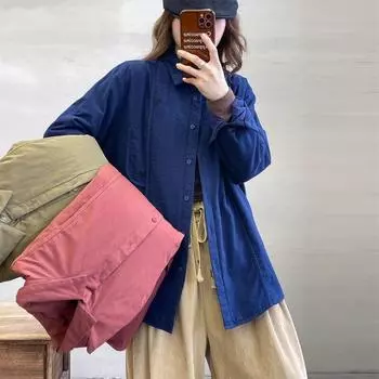 Johnature повседневные простые женские рубашки с отложным воротником осень-зима плотные универсальные японские свободные блузки One Size армия зеленый