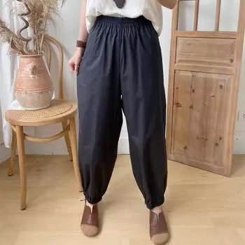Johnature повседневные японские женские шаровары летние однотонные свободные женские брюки с эластичной резинкой на талии длиной до щиколотки One Size чёрный