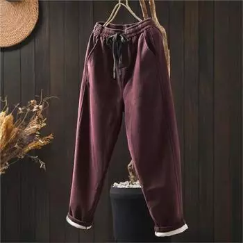 Johnature Повседневные свободные шаровары женские зимние эластичные талии стирка китайский стиль винтажные брюки M