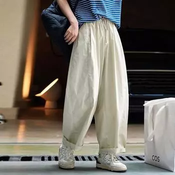 Johnature Повседневные удобные простые брюки-шаровары с эластичной резинкой на талии для женщин, однотонные свободные брюки до щиколотки со свободными карманами S бежевый