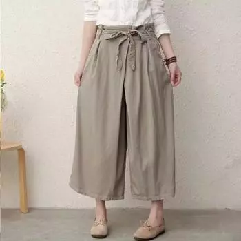 Johnature повседневные женские брюки до щиколотки, весенние универсальные однотонные свободные широкие брюки с карманами, бандажные женские брюки One Size хаки