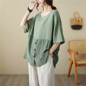 Johnature Повседневные женские топы Летние лоскутные полосатые свободные простые однотонные женские футболки с круглым вырезом на пуговицах One Size чёрный