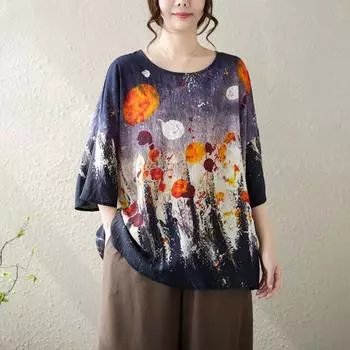 Johnature Повседневные женские топы с принтом, летние простые свободные пуловеры с круглым вырезом, женские футболки One Size темно-синий