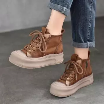 Johnature Повседневные женские туфли из натуральной кожи на шнуровке с толстой подошвой, короткие ботинки из коровьей кожи с боковой молнией на плоской подошве 36 коричневый