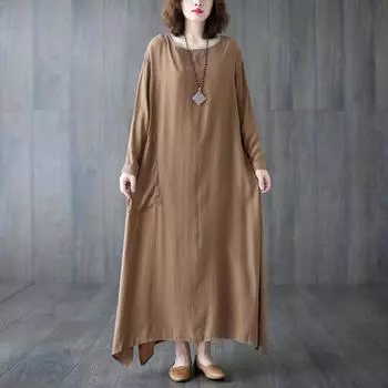 Johnature повседневный свободный пуловер женские платья с длинными рукавами весеннее простое однотонное платье с круглым вырезом нерегулярной формы One Size чёрный