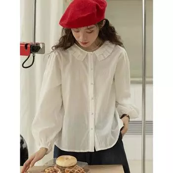 Johnature Повседневный воротник-лепесток винтажный внутренний белый длинный рукав однотонные свободные рубашки французские женские блузки топы S белый