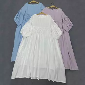 Johnature Прессованные свободные двойные платья Винтажные повседневные винтажные платья с пышными рукавами женские летние One Size синий