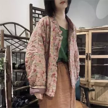 Johnature Принт в винтажном стиле с длинными рукавами для женщин, зимнее однобортное повседневное пальто в китайском стиле в стиле ретро One Size