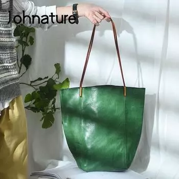 Johnature, простая большая сумка из натуральной кожи, женская модная большая вместительная сумка на плечо из натуральной яловой кожи чёрный
