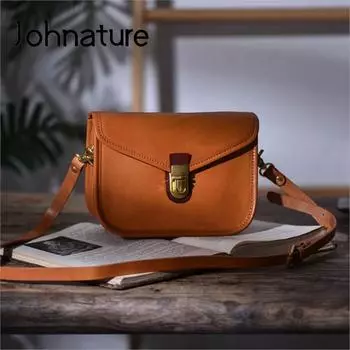 Johnature Простая маленькая квадратная сумка в стиле ретро из натуральной коровьей кожи, однотонные универсальные женские сумки на плечо и через плечо чёрный