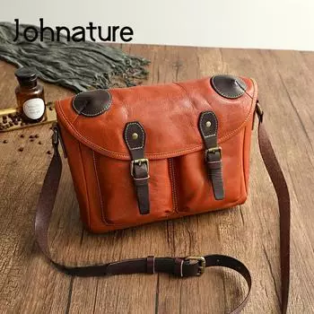 Johnature Простая женская сумка из натуральной кожи ручной работы, повседневные сумки на плечо из натуральной яловой кожи, большая вместительная сумка-мессенджер чёрный