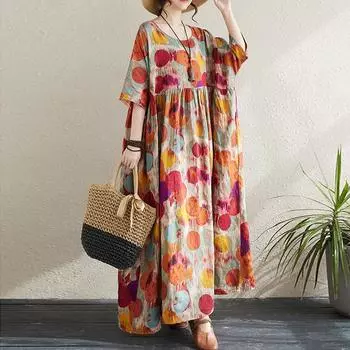 Johnature Простые богемные длинные платья Летние разноцветные принты Хит-цвет с коротким рукавом с круглым вырезом и принтом Женские платья One Size оранжевый