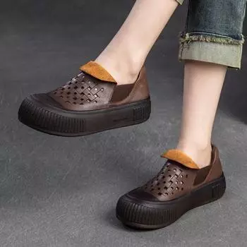 Johnature, простые дышащие туфли с отверстиями, женская обувь на плоской платформе из натуральной кожи в стиле ретро на толстой подошве 35 темно-коричневого
