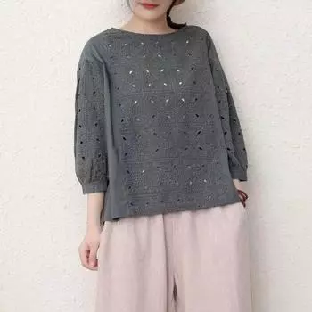 Johnature простые рубашки с круглым вырезом, женские весенне-летние однотонные винтажные блузки с рукавом три четверти One Size чёрный