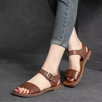 Johnature Простые сандалии на плоской подошве из натуральной кожи на липучке, однотонная универсальная женская обувь на мягкой подошве 35 бежевый