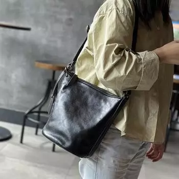 Johnature Простые женские сумки на плечо и через плечо из натуральной кожи, повседневная сумка-ведро большой вместимости из натуральной натуральной яловой кожи чёрный