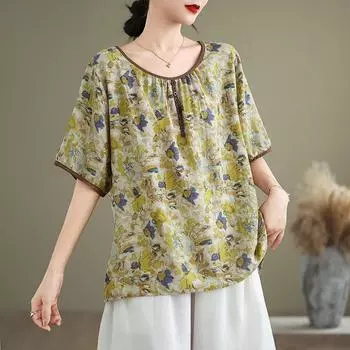 Пуловеры Johnature Повседневные рубашки с принтом Летние свободные женские блузки с круглым вырезом и коротким рукавом One Size жёлтый