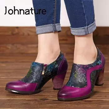 Johnature Pumps Женская обувь Подлинная кожа Весна Смешанные цвета Ретро Принт Молния Ретро Ручная работа Лаконичные женские туфли