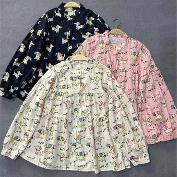 Johnature Puppy Print с длинным рукавом Повседневная рубашка женская осень Mori воротник-стойка хлопковые свободные простые блузки