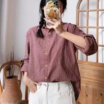 Johnature японская клетчатая универсальная женская блузка Mori из хлопка и льна, весенняя свободная повседневная рубашка с отложным воротником One Size красный