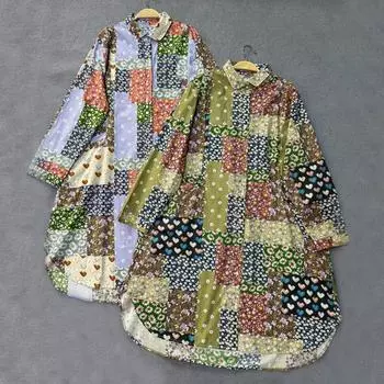 Johnature японские контрастные случайные лоскутные платья с длинными рукавами женские осенние хлопковые повседневные платья-рубашки с лацканами нерегулярной формы
