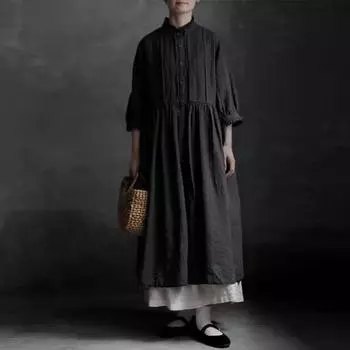 Johnature японские летние плиссированные платья с воротником-стойкой и воротником-стойкой, свободные винтажные женские платья One Size бежевый