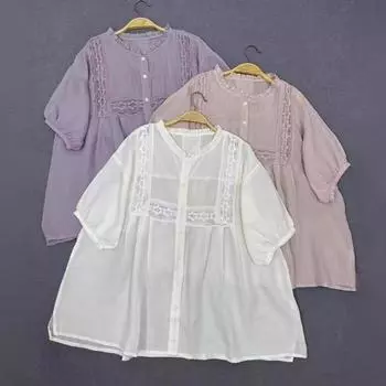 Johnature, японские лоскутные кружевные свободные рубашки с короткими рукавами, топ, женские летние простые тонкие солнцезащитные женские топы One Size розовый